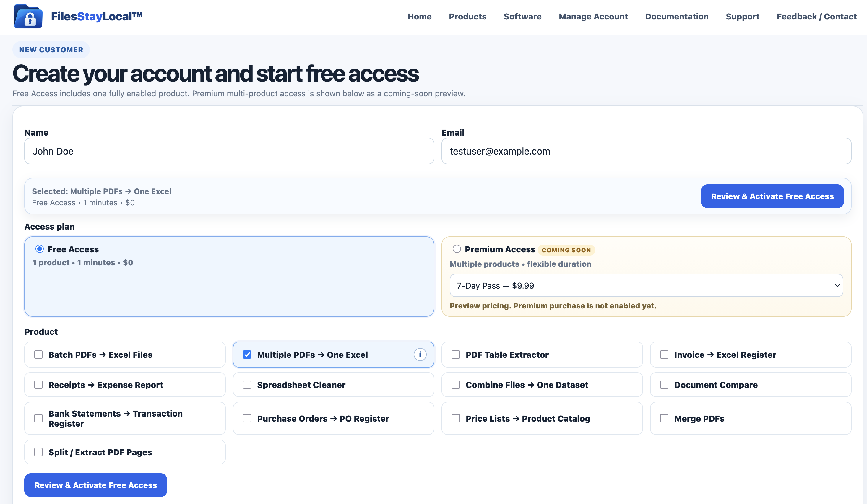FilesStayLocal website Create Access screen