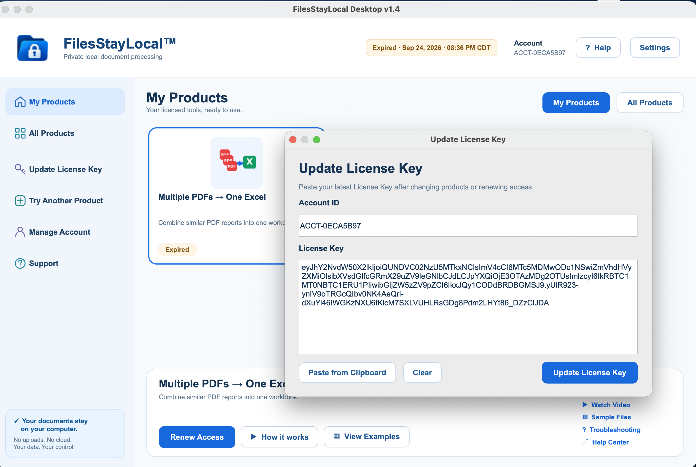 FilesStayLocal Desktop Update License screen